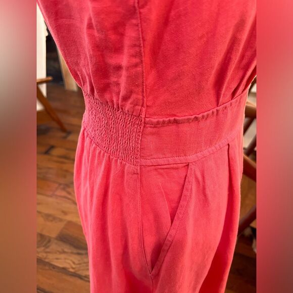 Joie 100% Linen Red Coral Midi Dress V-Neck Sleeveless Smocked Waist Pocket Sz 6 - Picture 7 of 11